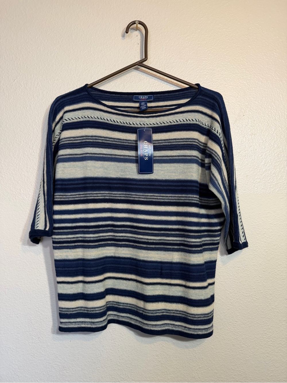 Chaps Linen Cotton blend Navy and Cream Striped Lightweight Sweater